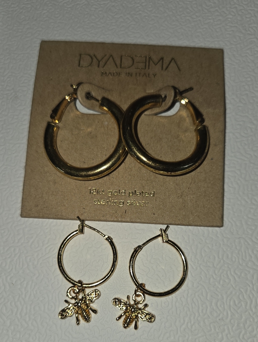 18k Plated Gold Hoop Earrings and Bee Charm Hoops